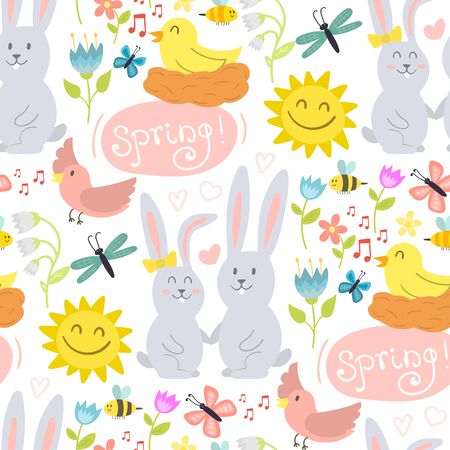 Spring natural floral blossom gardening beauty design and nature grass season branch springtime hand drawn seamless pattern background illustrationの写真素材