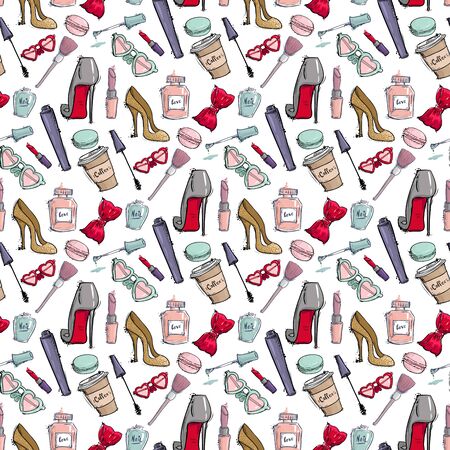 Fashion cosmetics accessories seamless pattern colors bright pink stylish fashioned vintage motive pastel illustration.の写真素材