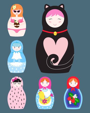 Matryoshka traditional russian nesting doll toy with handmade ornament figure pattern with child face and babushka woman souvenir illustration.の写真素材