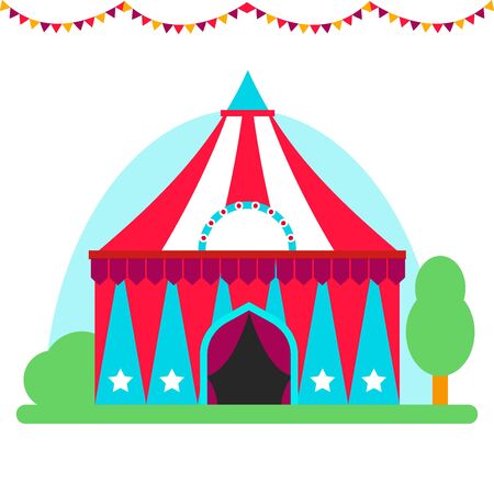 Circus show entertainment tent marquee outdoor festival with stripes flags carnival illustration.の写真素材