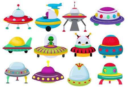 Ufo vector spaceship rocketship and spacy rocket illustration set of spaced ship or spacecraft flying in universe space isolated on white backgroundのイラスト素材