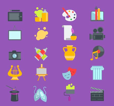 Artistic creator graphic designer icons set flat design illustration. Camera, picture, brush palette entertainment symbols. Artist ink graphic color creativity design movie collection.の写真素材