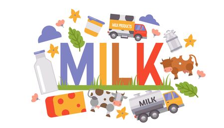 Milk and dairy production processing vector illustration. Milk delivery truck, cow, milky containers and bottle, cheese and flowers with typography.のイラスト素材