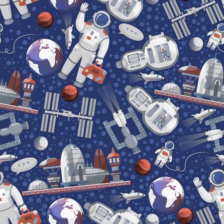 Space travelling to cosmos and exploration vector pattern. Astronaut in open cosmos, spaceships and earth planet, space station tour. Cosmic background.のイラスト素材