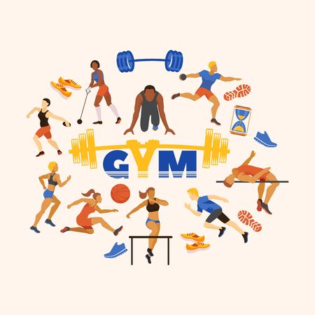Sports in gym and sportsmen performing exercises vector illustration. Sporting runners, jumpers, athletes and disk throwing cartoon characters. Sport accessories.のイラスト素材