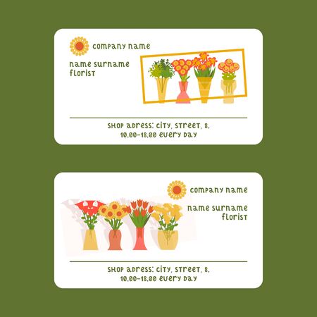 Florists and flower shop vector illustration for visiting card. Cartoon isolated flowers and plants set. Floristic compositions in pots and vases.のイラスト素材