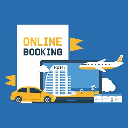 Booking online vector illustration. Electronic purchase confirmation. Hotel, resort, flight ticket or insurance reserve from distance for vacation holiday tourism trip. Book online poster.のイラスト素材
