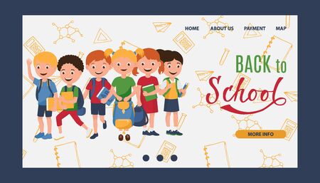 Back to school, kids learning, education vector illustration. Kids go to school with books and backpacks. Template for web, cartoon happy children with school doodles background.のイラスト素材