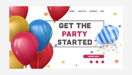 Baloons for happy birthday or celebration party vector illustration. Colored balloon decoration for holiday website template with get the party started words. Congratulation webpage.のイラスト素材