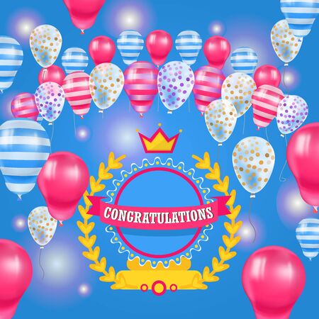 Happy Birthday baloons celebration poster vector illustration. Realistic 3d pink, stripped and dotted balloons, golden congratulation birthdays badge and glowing effect background.のイラスト素材