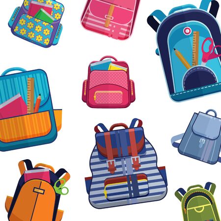 Schools backpacks or rucksacks and bags of different models and sizes vector pattern . Backdrop with colorful school backpacks on white background.のイラスト素材