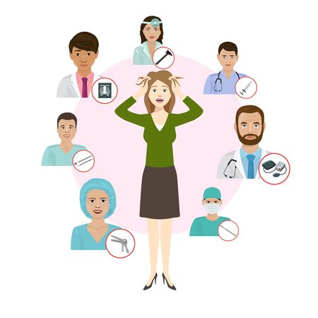 Medicne doctors proffesionals for womans deseases vector illustration. Medic staff set with medical tools icons. Medics team concept in flat design people character.のイラスト素材