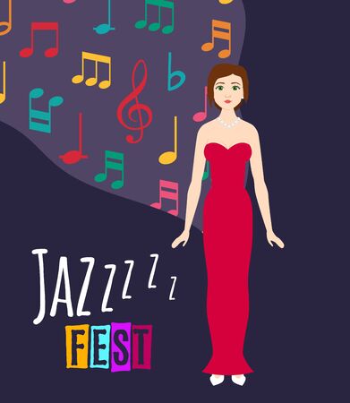 Young beautiful girl sings jazz song vector illustration. Jazz singer and festival poster with dark blue background and sounds of music, icons of colorful musical notes.のイラスト素材