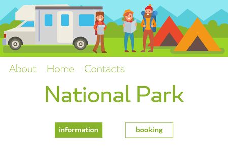 Camping park landscape vector illustration with travelers with backpacks, tents and van. Webpage template for summer camp, nature tourism, camping, hiking, trekking, etc.のイラスト素材