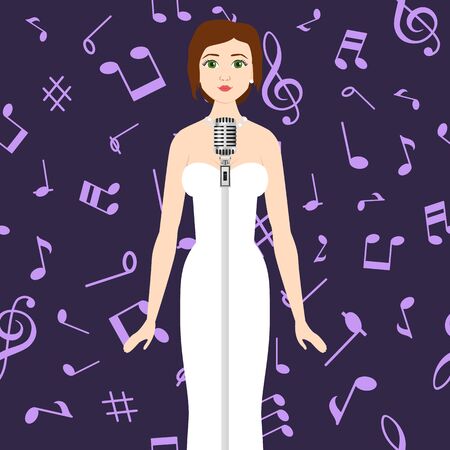 Woman singer in luxury white dresson musical notes with dark background vector cartoon illustration. Theater or opera singer. Singing songs.のイラスト素材