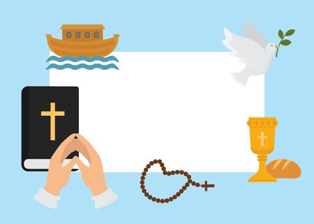 Christianity religion symbols vector illustration. Bible for christening, cross, beads and human hands folded in prayer with dove. Appeal to the God. Faith and hope. Religious christian motifs.のイラスト素材