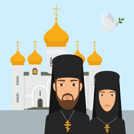 Orthodox christianity religion vector illustration. Priest and nun with cross and orthodox christianity white church and golden top. Faith in God, Christianity, Orthodoxy.のイラスト素材