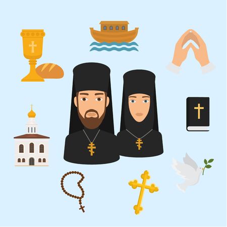 Orthodox Christianity religion symbols vector illustration. Isolated religious icon, church and Jesus Christ bread and wine, holy bible, Christian dove and priest with nun, hands in prayer.のイラスト素材