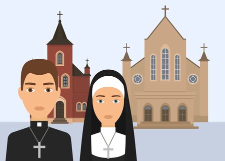 Catholic religion vector illustration. Pastor character and catholic nun with cross and cathedral or church isolated on white background. Christian religion of Catholisismのイラスト素材