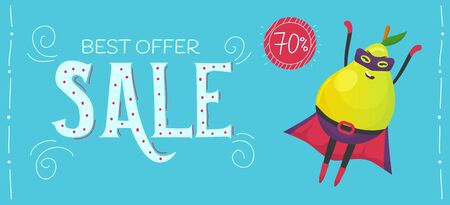 Cute lemon fruit cartoon character in a superhero costume, mask and cloak. Vector illustration in a flat style for sale banner with funny fruit chacarters.のイラスト素材