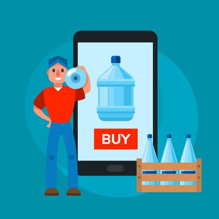 Water delivery service man and phone order vector illustration. Company for mobile water delievery. Plastic bottles, buy, supply and shipping. Flat cartoon character on blue background.のイラスト素材