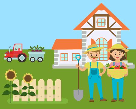 Cartoon farm, farmers with eco production, country landscape vector illustration. Farm agriculture and rural farming eco vegetables. Farmer, his wife near country house and tractor carries products.のイラスト素材