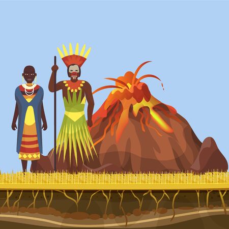 The volcano woke up and spewed out lava, fire and flame in Africa with african aborigens vector illustration. Volcanic activity, magma and african native tribe family for poster or landing.のイラスト素材