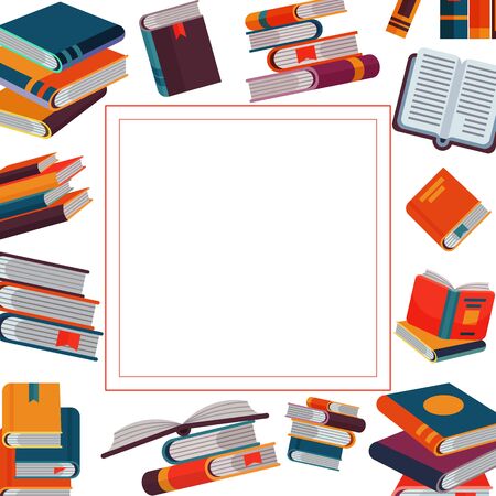 Close and open books in different positions in square frame with free space for text, literature vector illustration. Knowledge, learning and education concept design. Cartoon or flat style books frame.のイラスト素材
