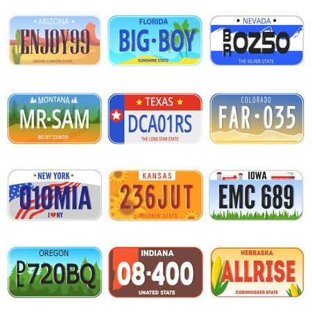 Car number numbered auto plate license registration symbol illustration transportation set of automobile metal transport vehicle sign isolated on white background.のイラスト素材