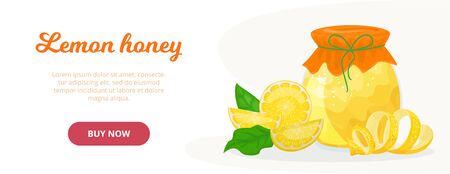 Fresh sweet honey with lemon isolated vector illustration. Honey in glass jar, slices, zest and leaves of lemon, good cold remedy. Buy online internet shop.のイラスト素材