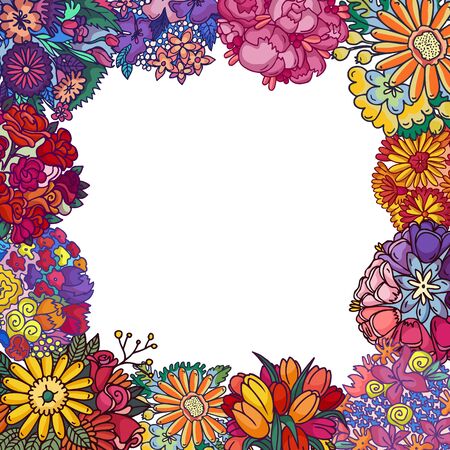 Flowers isolated vector illustration. Floral decoration frame, border, background. Flowering plants greeting card birthday, valentines, mothers day, wedding.のイラスト素材