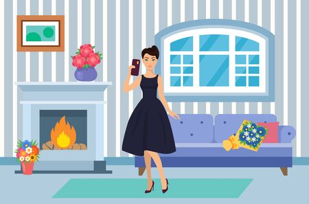 Festively dressed woman holding mobile phone standing home in flat vector illustration. Modern decorated clean comfortable cozy living room with sofa and fireplace.のイラスト素材