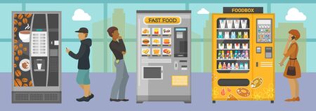 Vending machines with different food and drinks vector illustration. People choosing various snacks beverages coffee crackers cookie hamburger from indoors automats.のイラスト素材