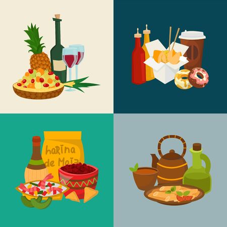Food and drinks collection of compositions set vector illustration. Fruit salad, pasta, wok, paella, donuts and beverage wine, tea, coffee. Lunch or dinner menu.のイラスト素材
