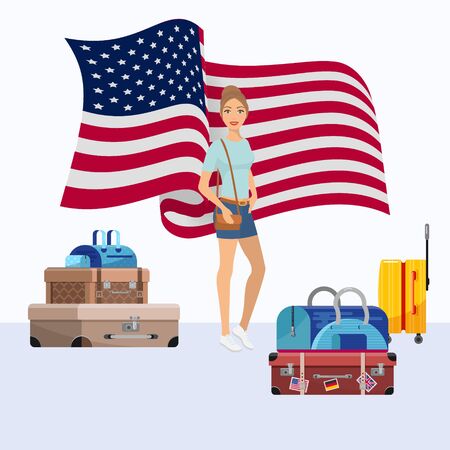 United States of America emigration vector illustration. Young woman girl emigrate to USA standing near suitcases ready to go. American flag in background.のイラスト素材