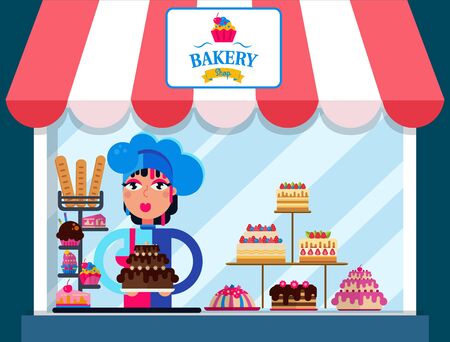 Family bakery shop vector illustration. Confectioner girl woman holding delicious chocolate cake. Bakery sign board. Counter with various sweets cakes and cookies.のイラスト素材