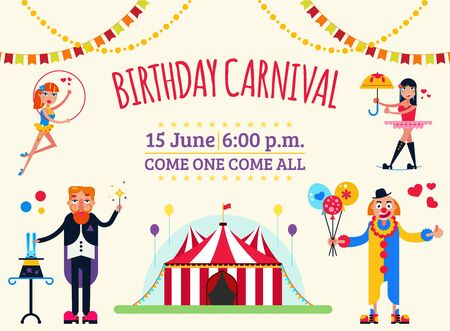 Big top circus show invitation poster vector illustration. Artists performers magician, clown, gymnasts aerialists. Festive circus marquee entry with flags, balloons.のイラスト素材