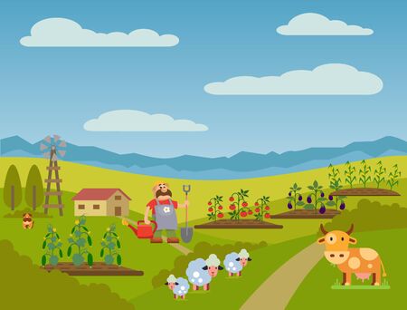 Farmer man with shovel and watering can cartoon flat style vector illustration. Animal cow, sheeps and garden beds with vegetables cucumbers, tomatoes, eggplants, corn.のイラスト素材