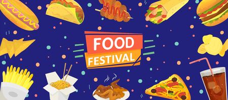Food festival banner poster vector illustration. Celebration flyer template. Fast food hamburgers, french fries, chips, hot dogs, fried chicken, pizza, lemonade.のイラスト素材