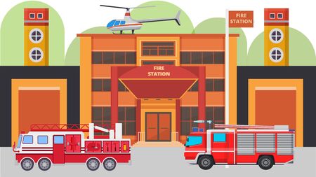 Modern fire station building facade and fire cars vector illustration. Fire vehicles with equipment ready to emergency, watchtowers, helicopter, garage.のイラスト素材