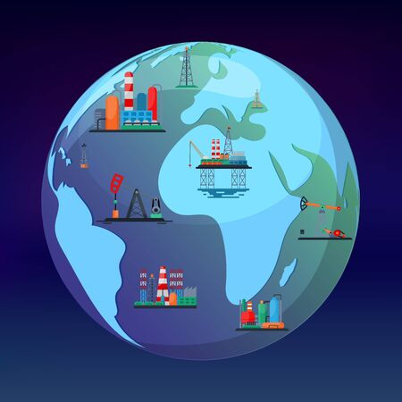 Oil mining production concept vector illustration. Planet earth globe with oil and gas obtain industry facilities. On land construction and at ocean offshore platform.のイラスト素材
