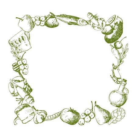 Healthy food frame composition vector illustration. Various organic food items for menu, label, poster, banner for cafe, restaurants. Diet nutrition concept.のイラスト素材