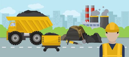 Road repair with construction machine and worker man in uniform vector illustration. Equipment truck, trolley, jack hammer and shovel. Factory smoking chimneys background.のイラスト素材