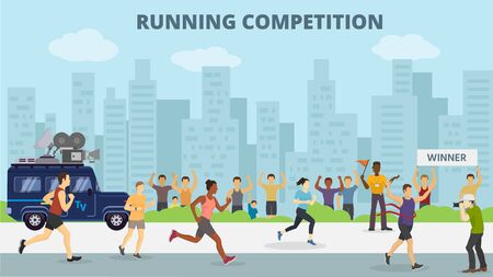 Running jogging marathons competitions race vector illustration. Sport runners group men and women in motion. Running man finishing first. City background.のイラスト素材