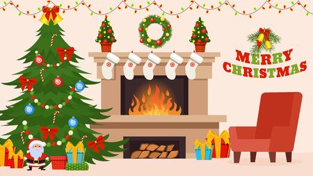 Christmas and New Year decorations for celebration in home room interior vector illustration. Fireplace and xmas tree, armchair. Gift boxes for holiday, Merry Christmas lettering, small Santa, socks.のイラスト素材