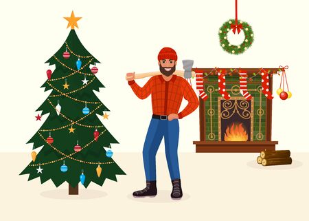 Felled Christmas tree and man with ax in New Year decorated room vector illustration.のイラスト素材