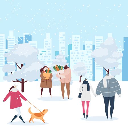 Winter and walking people outdoor under snow vector illustration.のイラスト素材