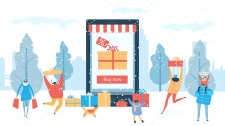 Winter sale shopping online discount for people buying gifts vector illustration. Internet shops sale. Happy families outdoors under snow. Christmas and new year celebration, present boxes.のイラスト素材
