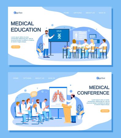 Medical education and conference with doctors people vector illustration. Man teaches students. Group of physicians listens to report of professor. Internet web site, landing page template.のイラスト素材