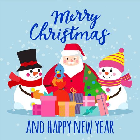 Christmas xmas new year holiday celebration card vector illustration. Santa claus holds christmas tree, two snowmen, bird, gift boxes festive greeting design banner web print.のイラスト素材